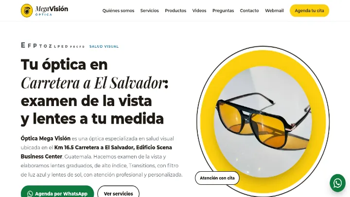 Captura de la página de inicio de Megavisión Óptica, sitio desarrollado por LandoHOUSE