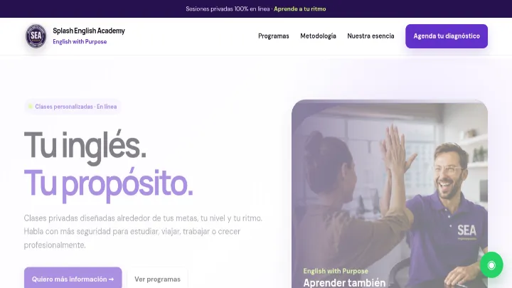 Captura de la página de inicio de Splash English Academy, sitio desarrollado por LandoHOUSE